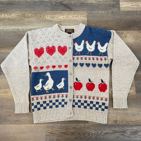 Eddie Bauer Vintage Country Wool Cardigan Sweater Size L Hearts Geese Apples - Picture 15 of 16